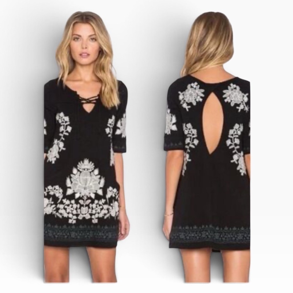 Free People Embroidered Boho Mini Dress Black XS Open Back Lace Up Peasant Boho